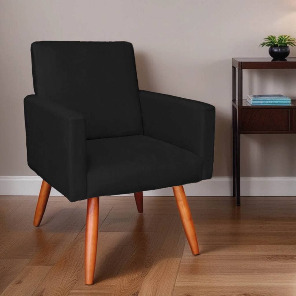 Poltrona Nina Decorativa, Pés Palito, Suede Preto Aninha Decor
