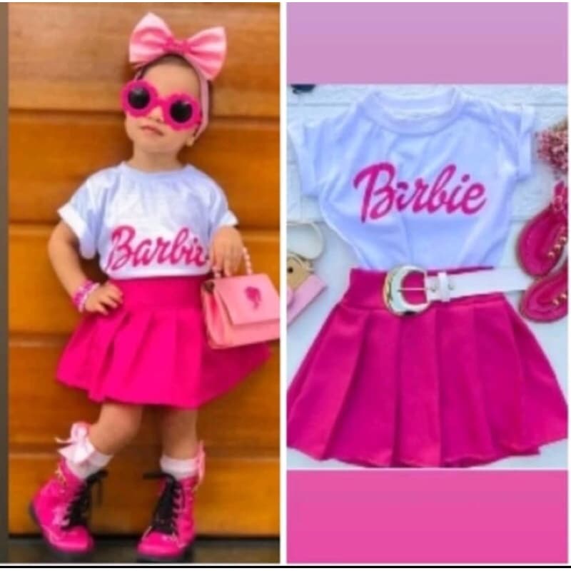 Conjunto com saia plinsada rosa e blusa