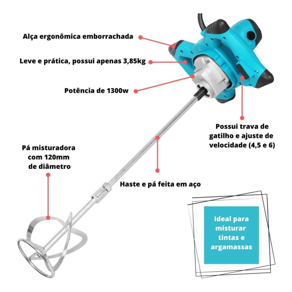 Misturador De Argamassa E Tinta Elétrico 6 Velocidades 1300w