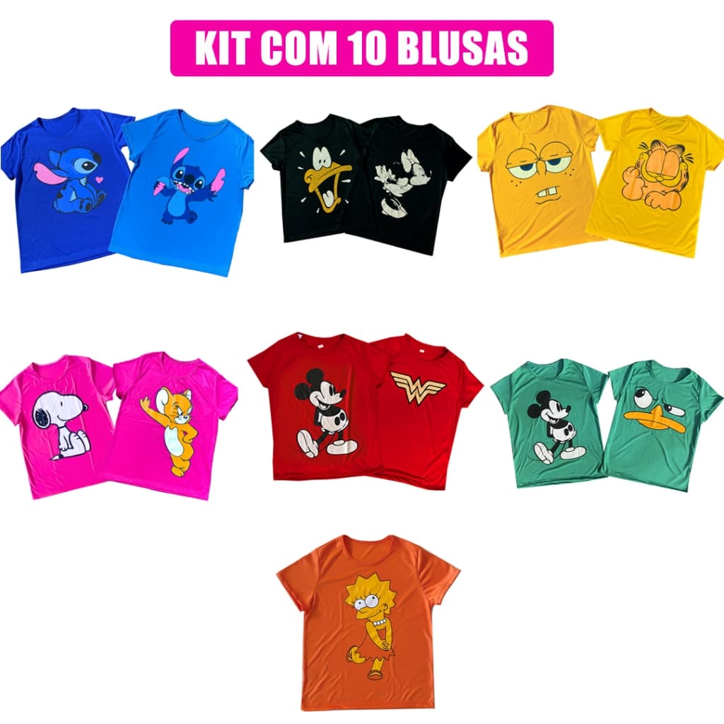 kit com 10 Blusas Atacado tshirt babylook feminina manga curta malha personagem desenhos divertidos