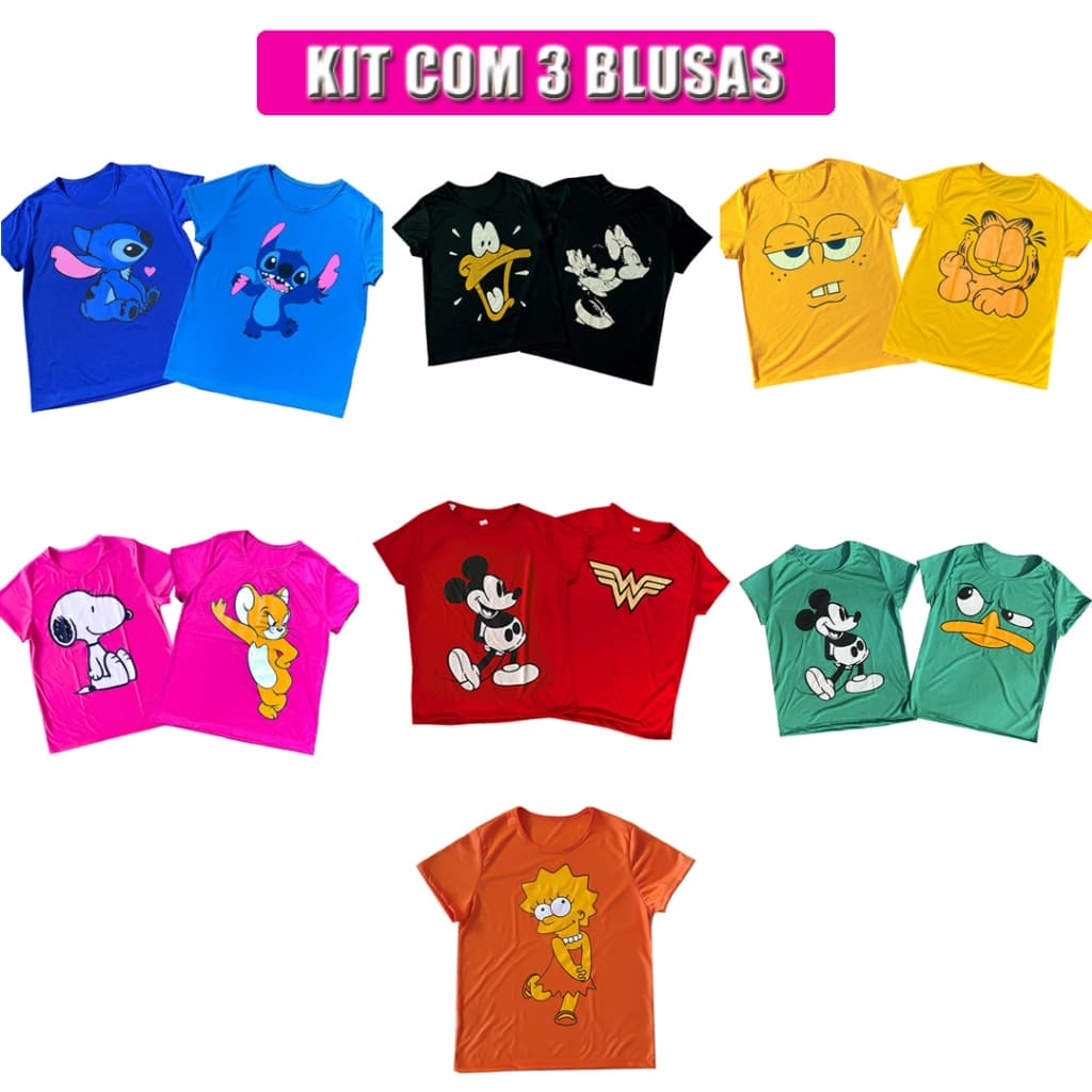 kit com 3 Blusas Atacado tshirt babylook feminina manga curta malha personagem desenhos divertidos
