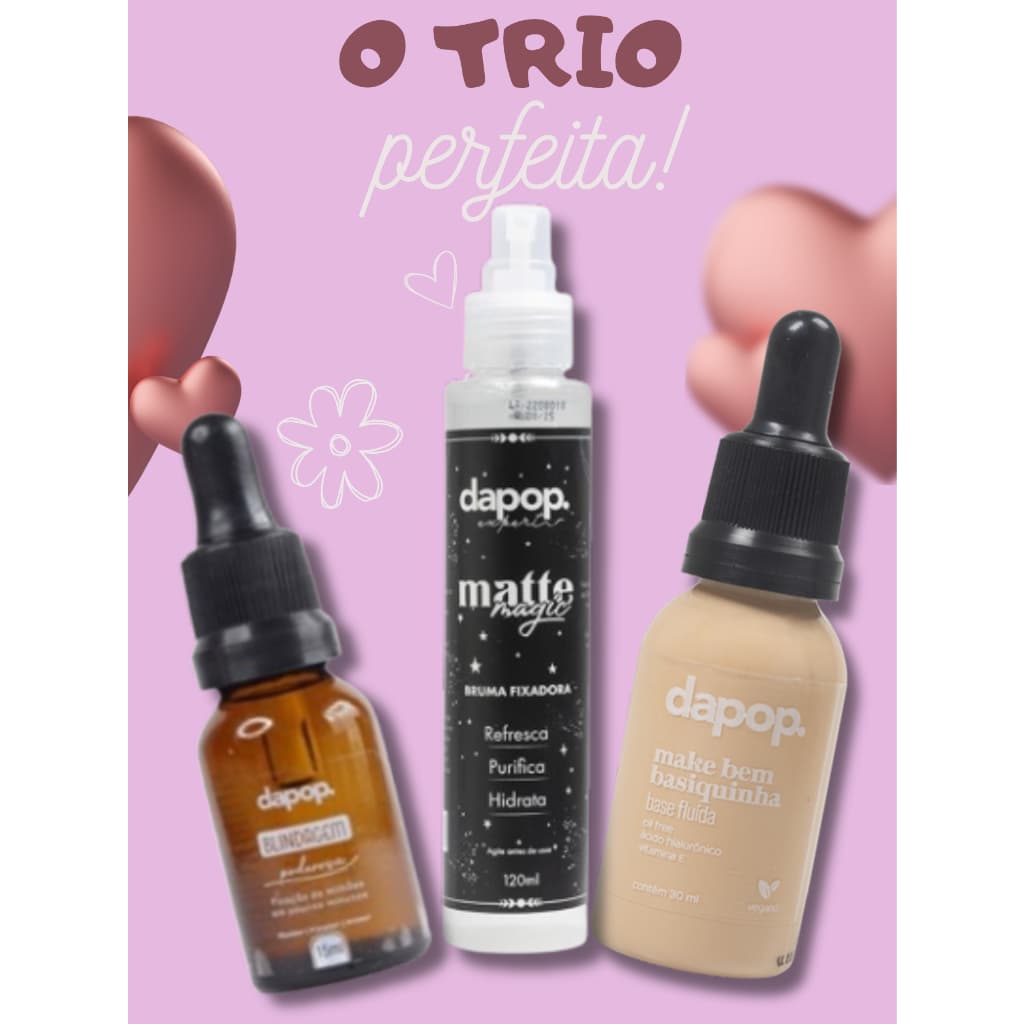 Kit Blindagem Poderosa + Base Fluída Vegana Basiquinha + Bruma Fixadora Matte Dapop ou Miss Rosê