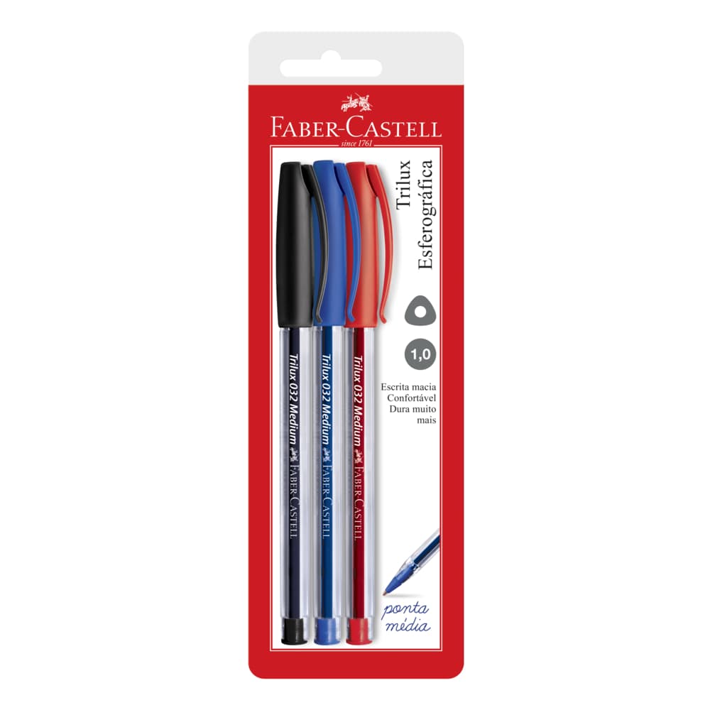 Caneta esferográfica Trilux 1mm azul/preto/vermelho 3 unid SM/032 Faber-Castell