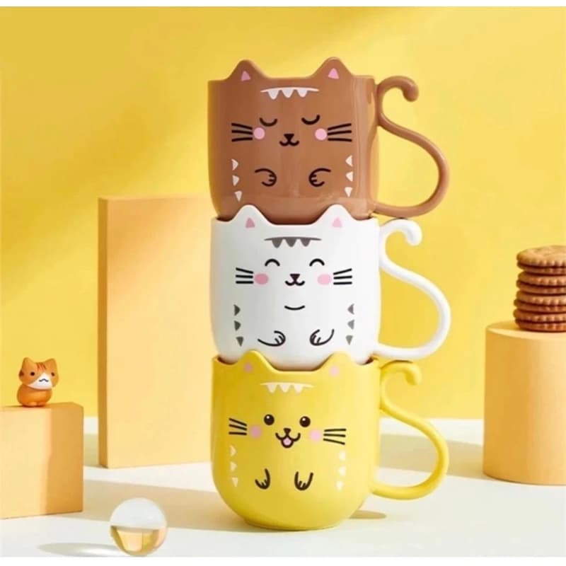Copo Caneca De Gato Gatinho Fofo Plastico Resistente Branco Amarelo Marrom 200ml Caneca Infantil