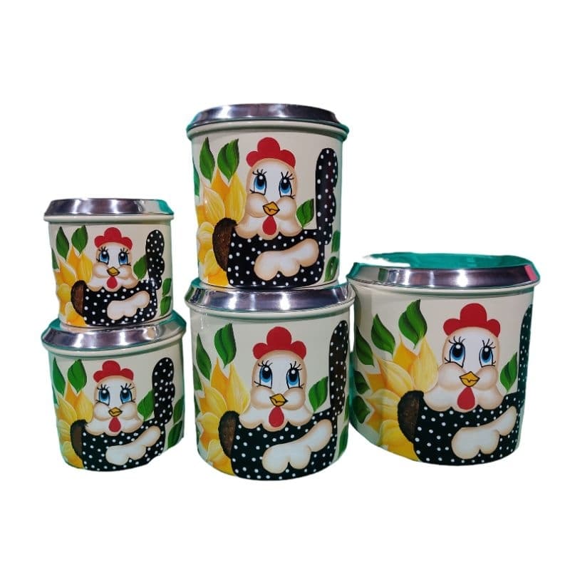 Jogo mantimento alumínio 5 peças decorado a mão (galinha girassol) kit cozinha porta mantimentos