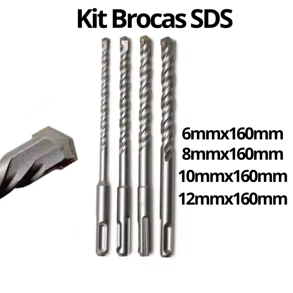 Jogo de Broca SDS para Martelete 6, 8, 10 e 12mm Concreto Parede Kit Brocas Encaixe SDS Plus Widea