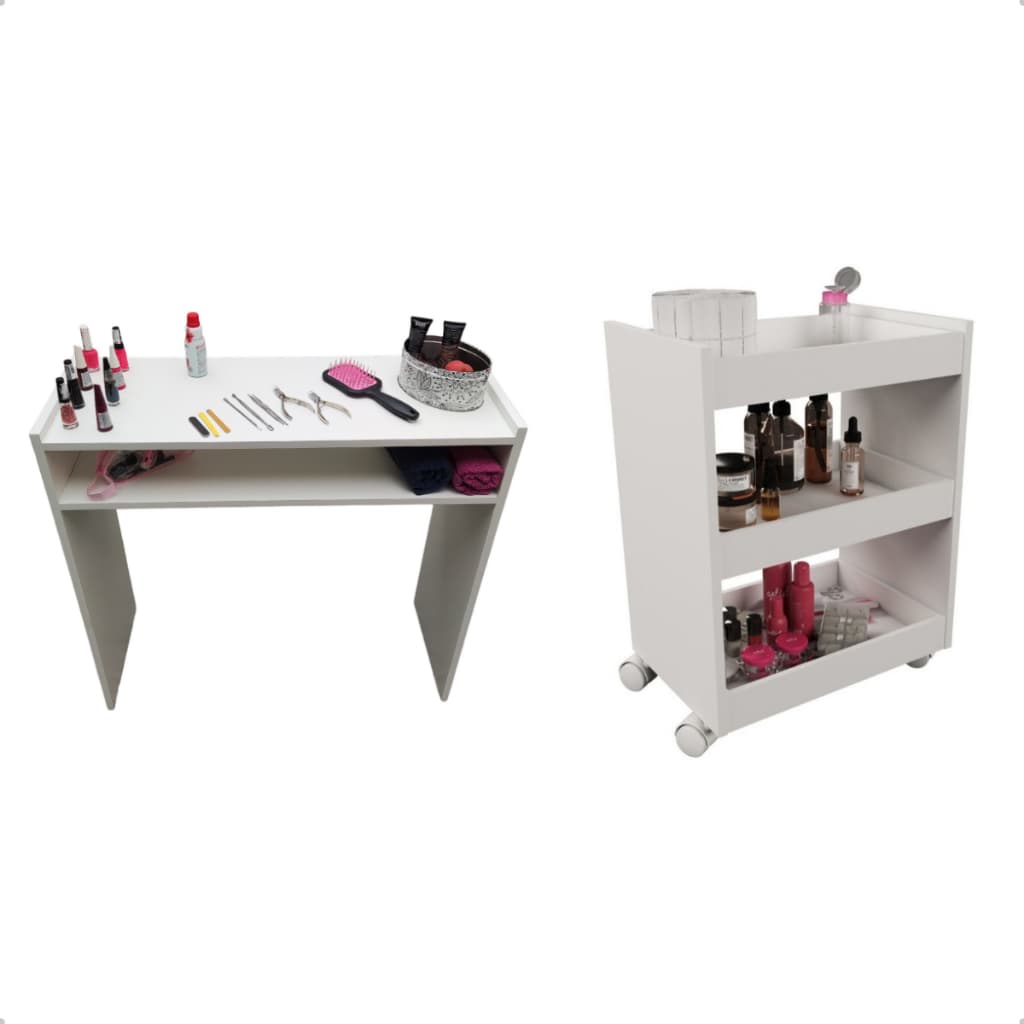 Kit Mesinha Manicure Profissional + Carrinho Auxiliar Manicure