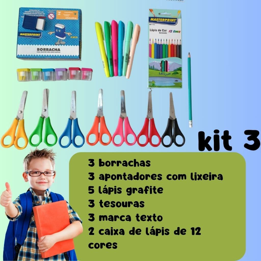 Kit 3 Escolar Lápis De Cor e Lápis Grafite Caneta Marca Texto Apontador Borracha e Tesoura