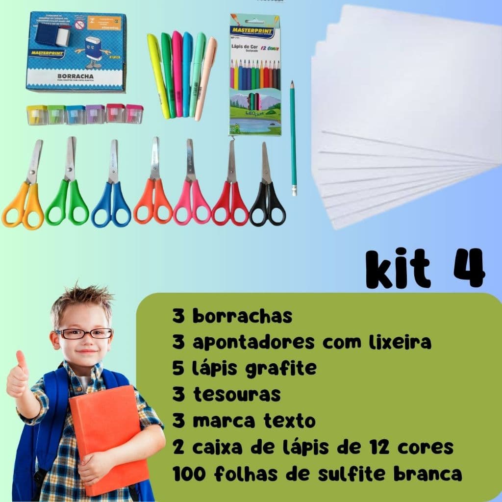 Kit 4 Escolar Lápis De Cor e Lápis Grafite Caneta Marca Texto Apontador Borracha Papel Sulfite a4 e Tesoura