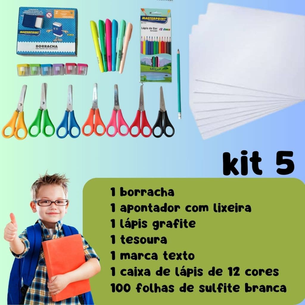Kit 5 Escolar Lápis De Cor e Lápis Grafite Caneta Marca Texto Apontador Borracha Papel Sulfite a4 e Tesoura