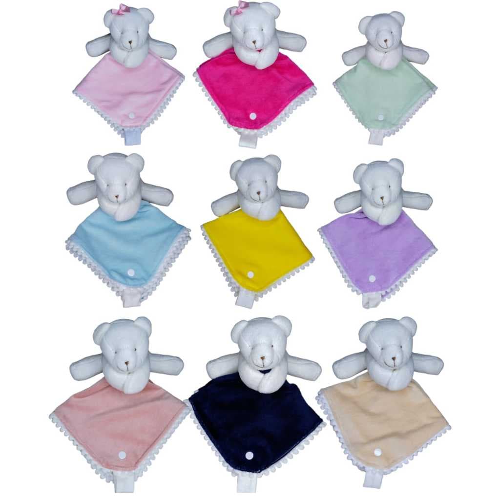 Naninha Bebê Plush e Pompom e Prendedor de Chupeta Ursinho Agarradinho Menino Menina 100% Algodão Promocional