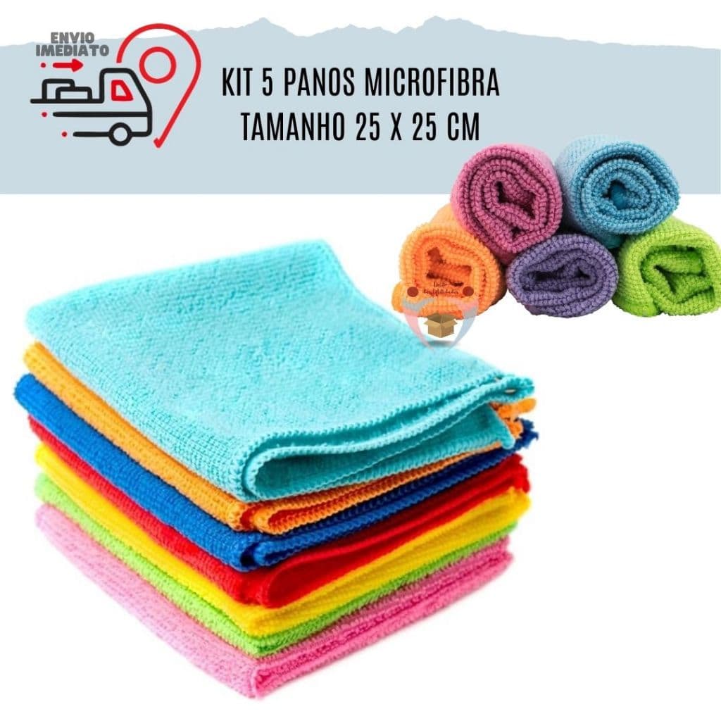 Kit 5 Panos Limpeza Microfibra 25x25cm Carro Móvel Vidro Casa Pano Flanela para Limpeza Geral