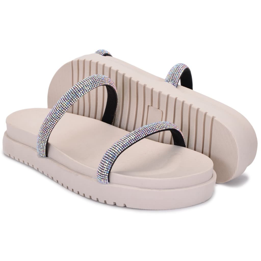 Rasteirnha Papete Feminina Plataforma Tiras Strass Rasteira Sandália Flat Form