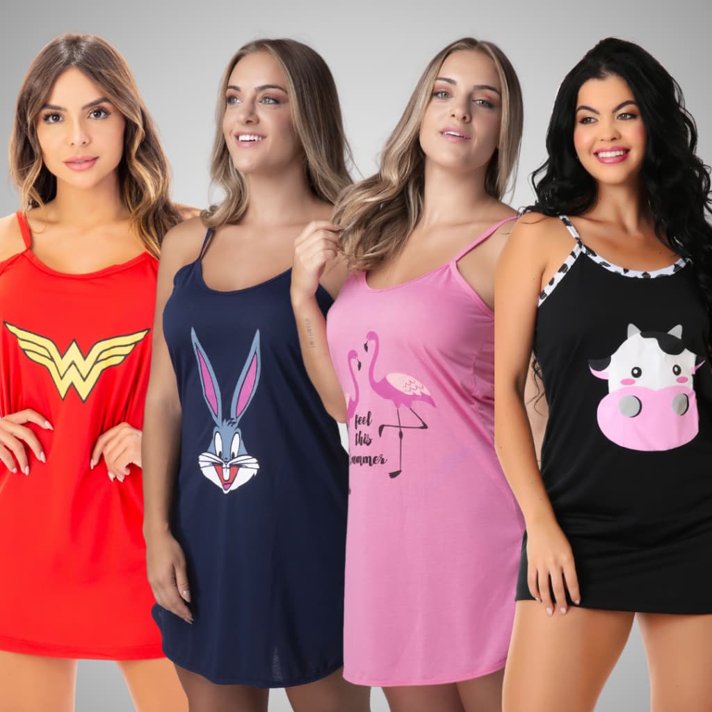 Kit 4 Vestido de Dormir Feminino Estampado Personagem Alcinha Verão Linha Noite 324