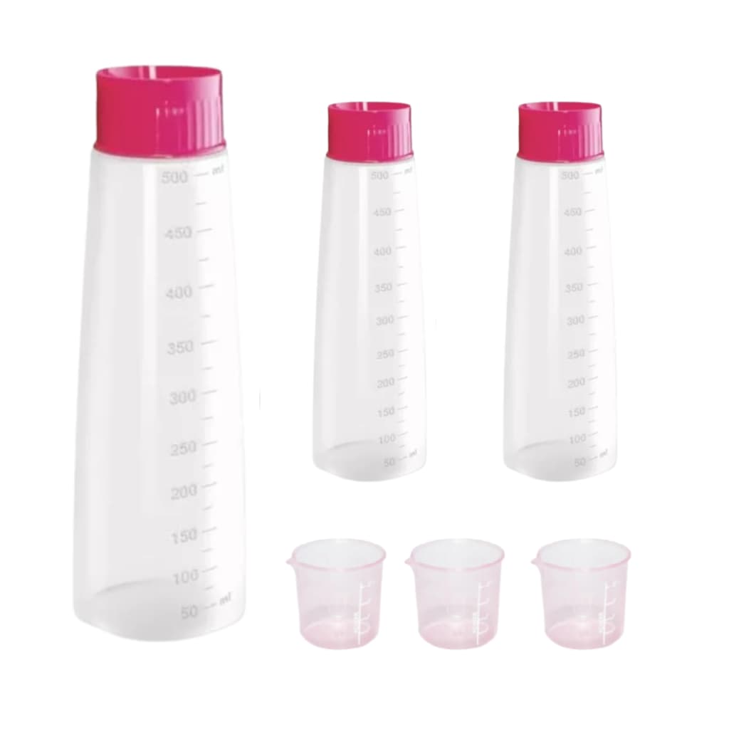Kit 3 Garrafa Para Molhar Bolo 500ml Copo Medidor Umedecer Com Graduação Tampa Chuveirinho De Plástico