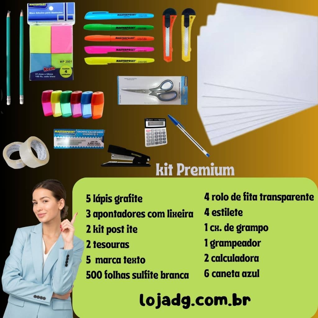 Kit Premium Escritório Lápis Grafite Apontador Post it Tesoura Caneta Marca Texto Papel Sulfite a4 Fita Transparente Estilete Grampo Grampeador Calculadora  e Canetas Azul