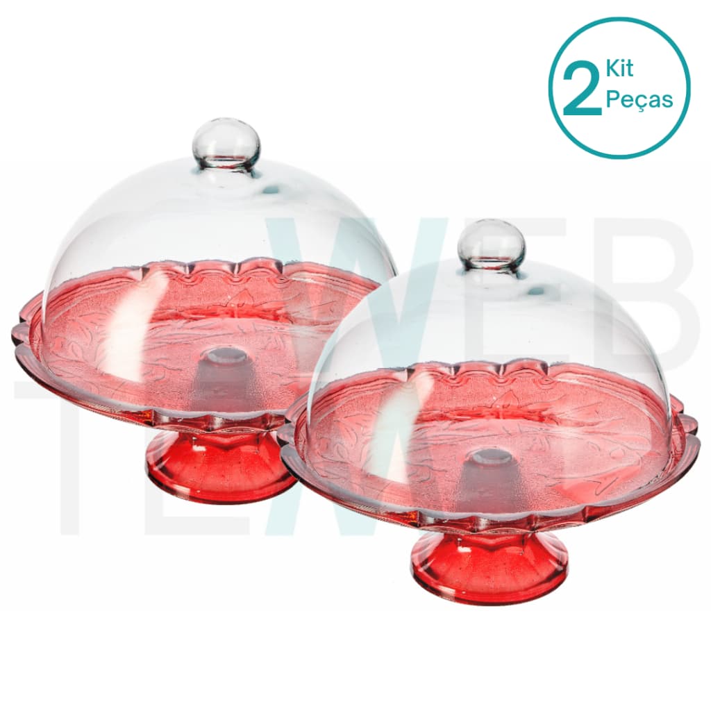 Kit 2 Boleiras de Vidro com Pé e Tampa Lírio 32 cm Vermelha Vitazza Prato para Bolo, Doces, Sobremesas, Decoração, Organização e Mesa Posta, com Toque de Elegância e Praticidade Sustentável para Festas, Natal e Outras Ocasiões Especiais