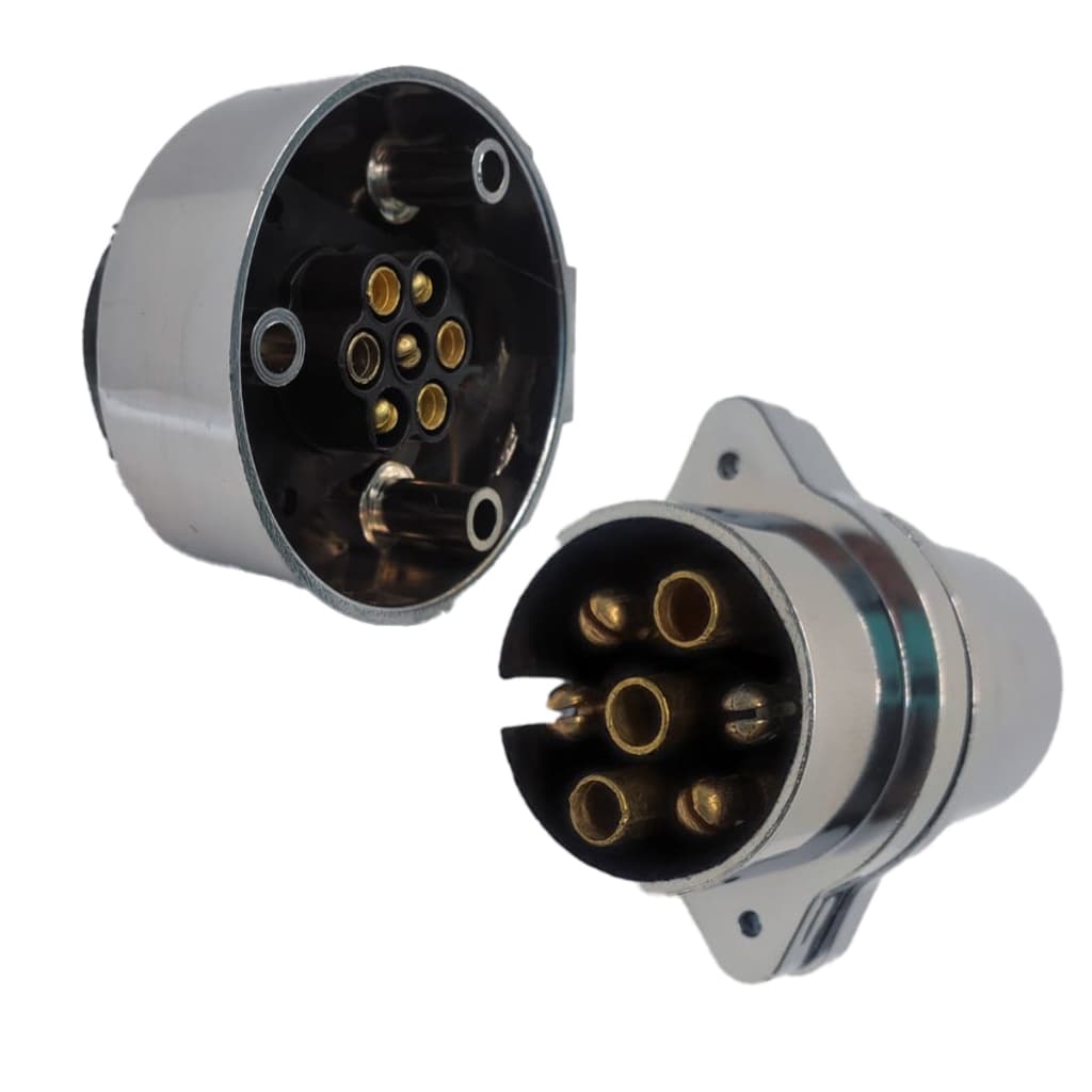 Kit Tomada Cromada Macho + Femea 7 Polos Cromada Para Engate Reboque Carretinha