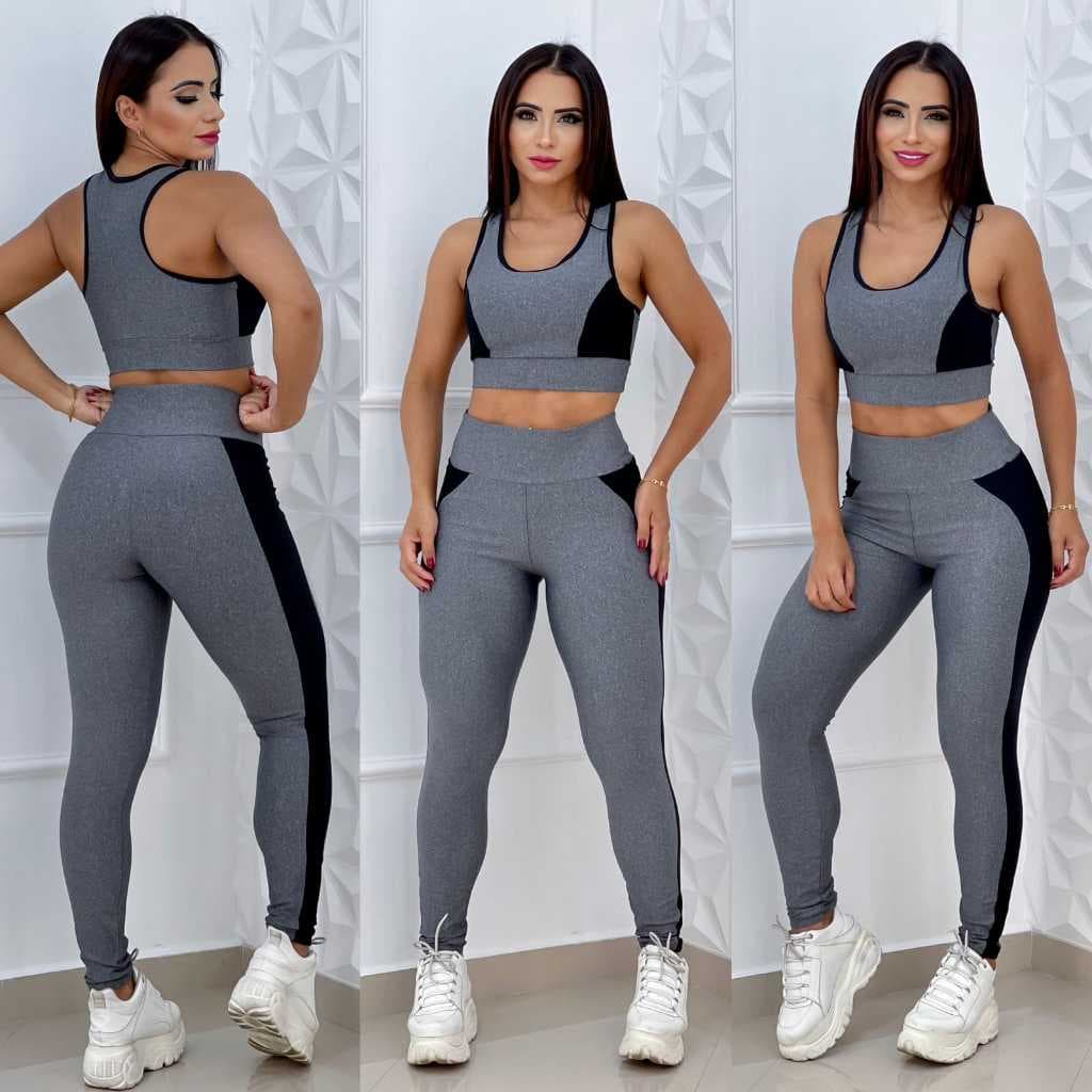 Conjunto Fitness Feminino Calça Legging Cós Alto e Top com Bojo - Moda Academia Feminina