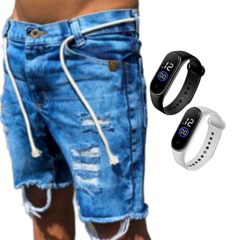 Bermuda Jeans Rasgada Escura Premium C/ Lycra + Relógio esportivo Prova dagua com lycra