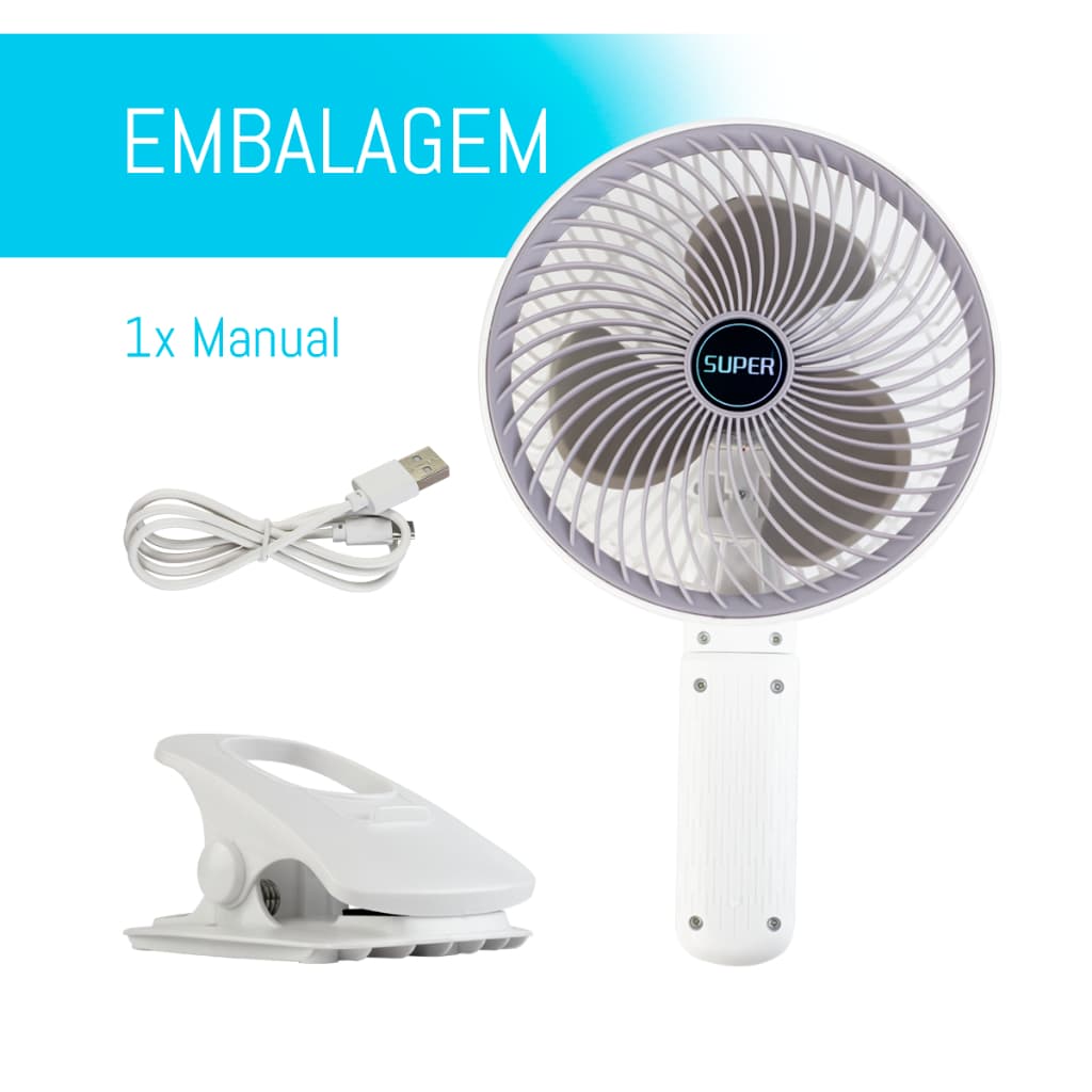 Ventilador Mesa Portátil Multifunção USB Recarregavel Silencioso 3 potencias com Clipe 3 Pás 4 Modos
