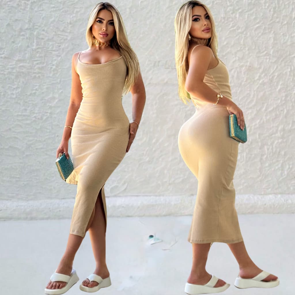 Vestido feminino midi casual de alça longo colado com fenda lateral ribana canelado de algodão tendencia
