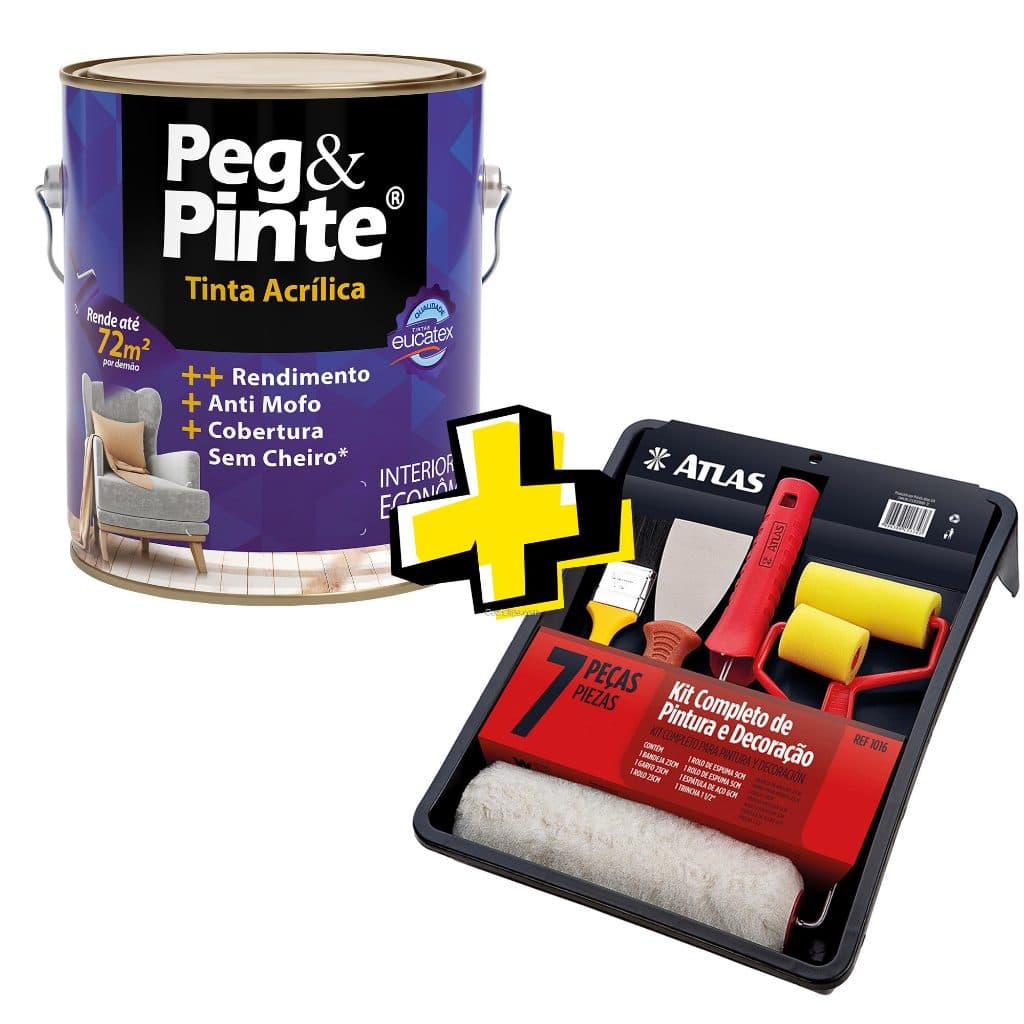 Combo Tinta Acrílica Econômica Branco Neve Fosco 3,6L Eucatex + Kit Completo de Pintura e Decoração 7 Peças - Bandeja, Garfo, Rolo 23cm, Trincha 1 1/2", Espátula 6cm, Rolos de Espuma 5cm e 9cm