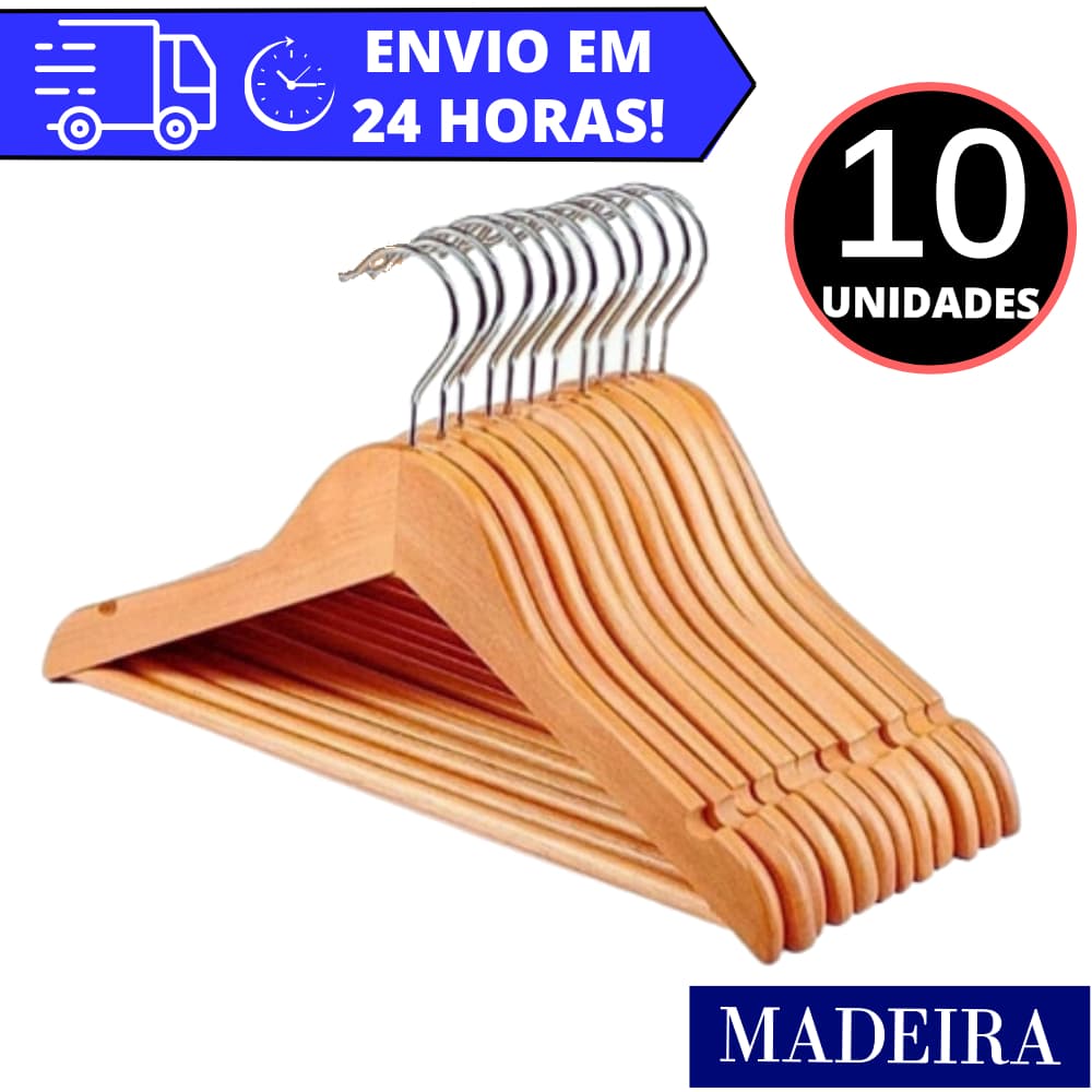 Kit Com 10 Cabides De Madeira PREMIUM REFORÇADO Natural Marfim Com Verniz