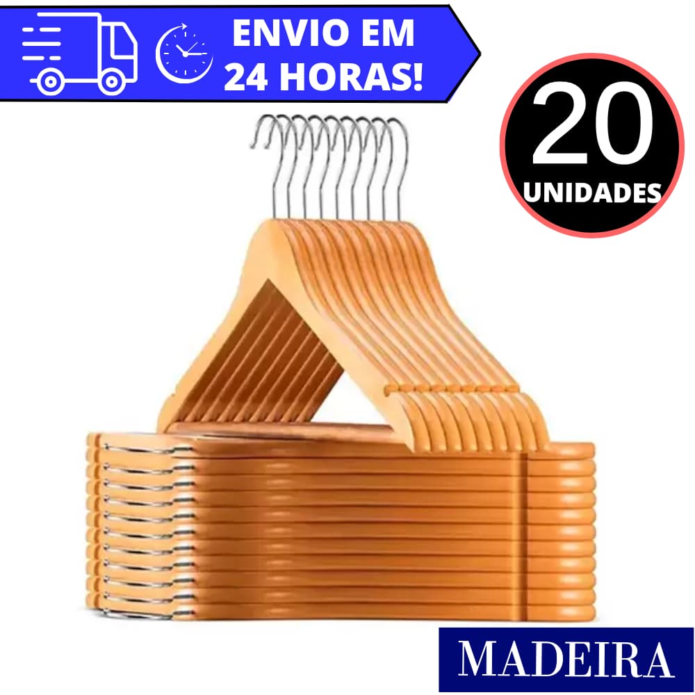 Kit 20 Cabides De Madeira REFORÇADO Marfim Para Roupas Calça Gancho Cromado