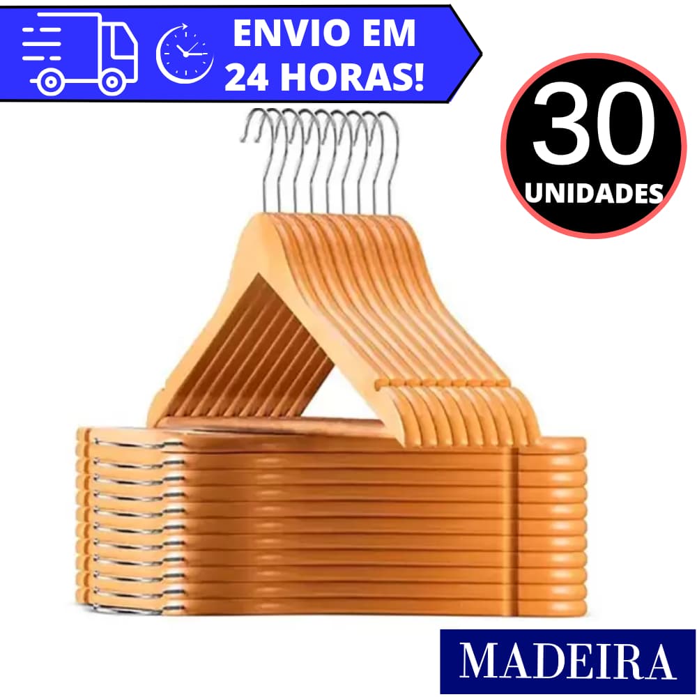 Kit 30 Cabide De Madeira REFORÇADO Marfim  Para Roupas Calça C/ Gancho Cromado
