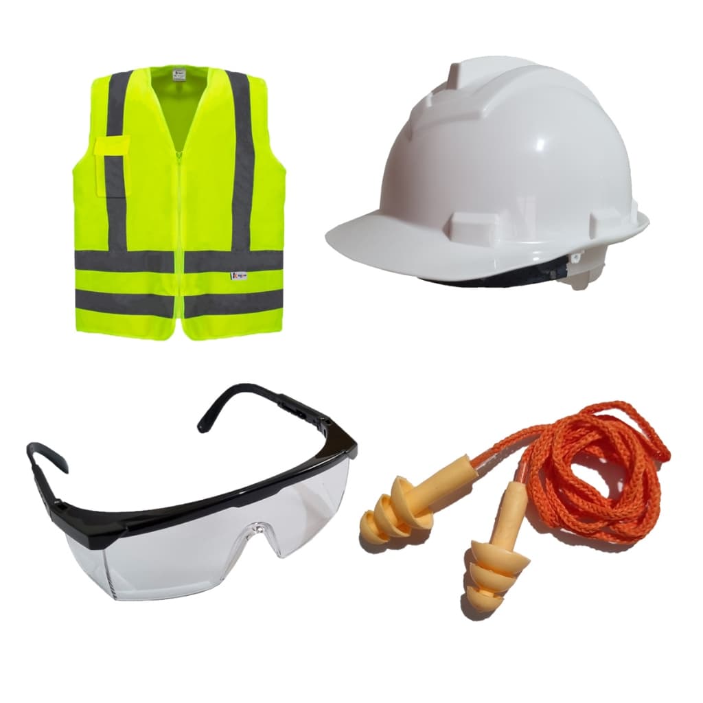 KIT OBRA COLETE CAPACETE ÓCULOS ABAFADOR AMARELO BRANCO INCOLOR PROTETOR AURICULAR 15DB PROTEÇÃO EPI