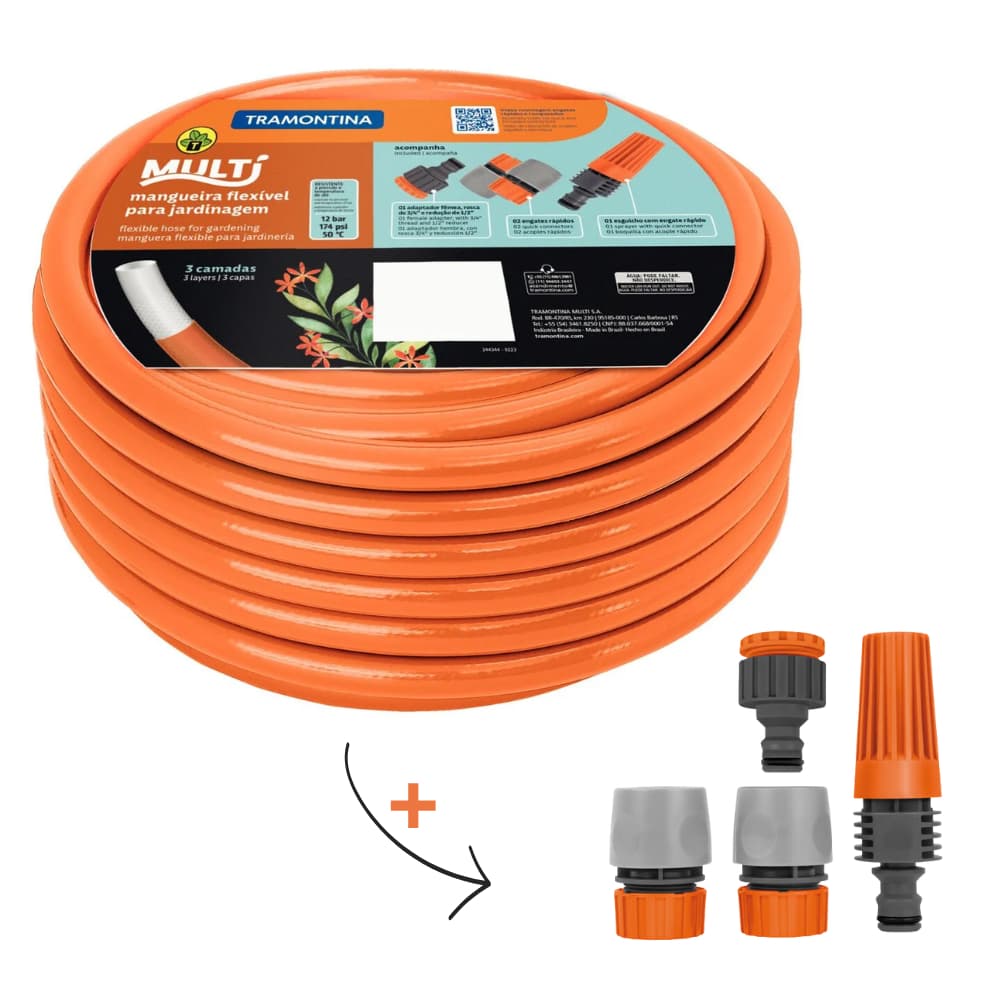 Mangueira Jardim Multi 1/2 Em Pvc 3 Camadas 20m Com Engates Rápidos E Esguicho Tramontina