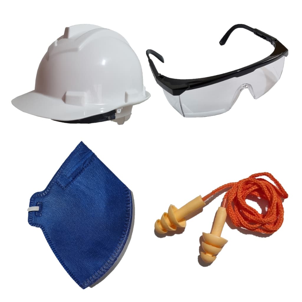 KIT OBRA CAPACETE ÓCULOS MÁSCARA ABAFADOR BRANCO INCOLOR SEM VÁLVULA PROTETOR AURICULAR 15DB EPI