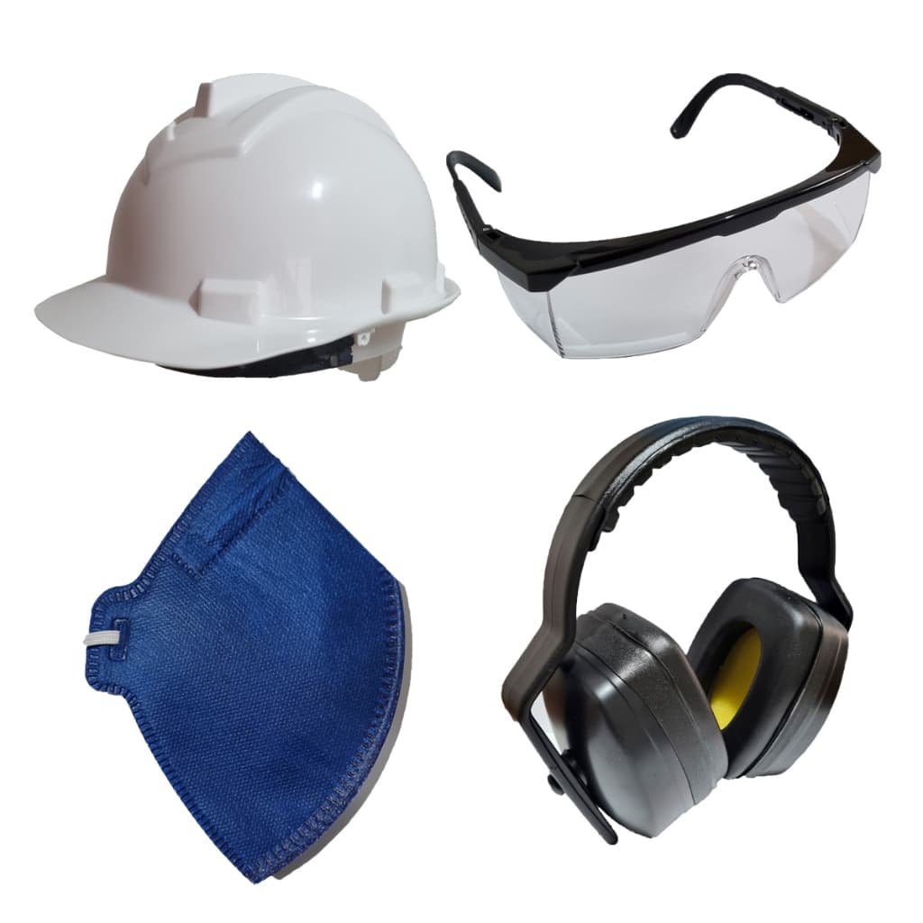 KIT OBRA CAPACETE ÓCULOS MÁSCARA ABAFADOR BRANCO INCOLOR SEM VÁLVULA PROTETOR AURICULAR 22DB EPI