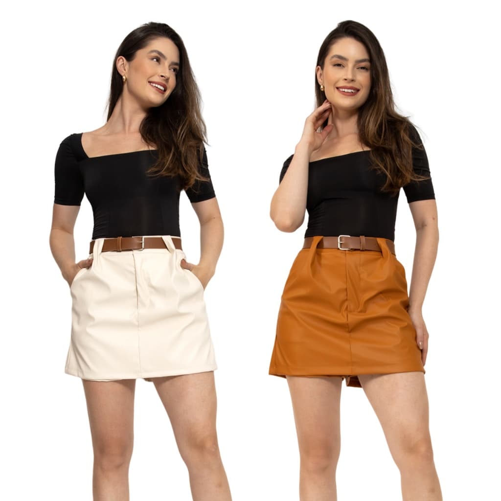 HBD 016# Short Saia Feminino Com Bolso Ziper e Cinto Tecido de Imitação de couro TR-SH-016