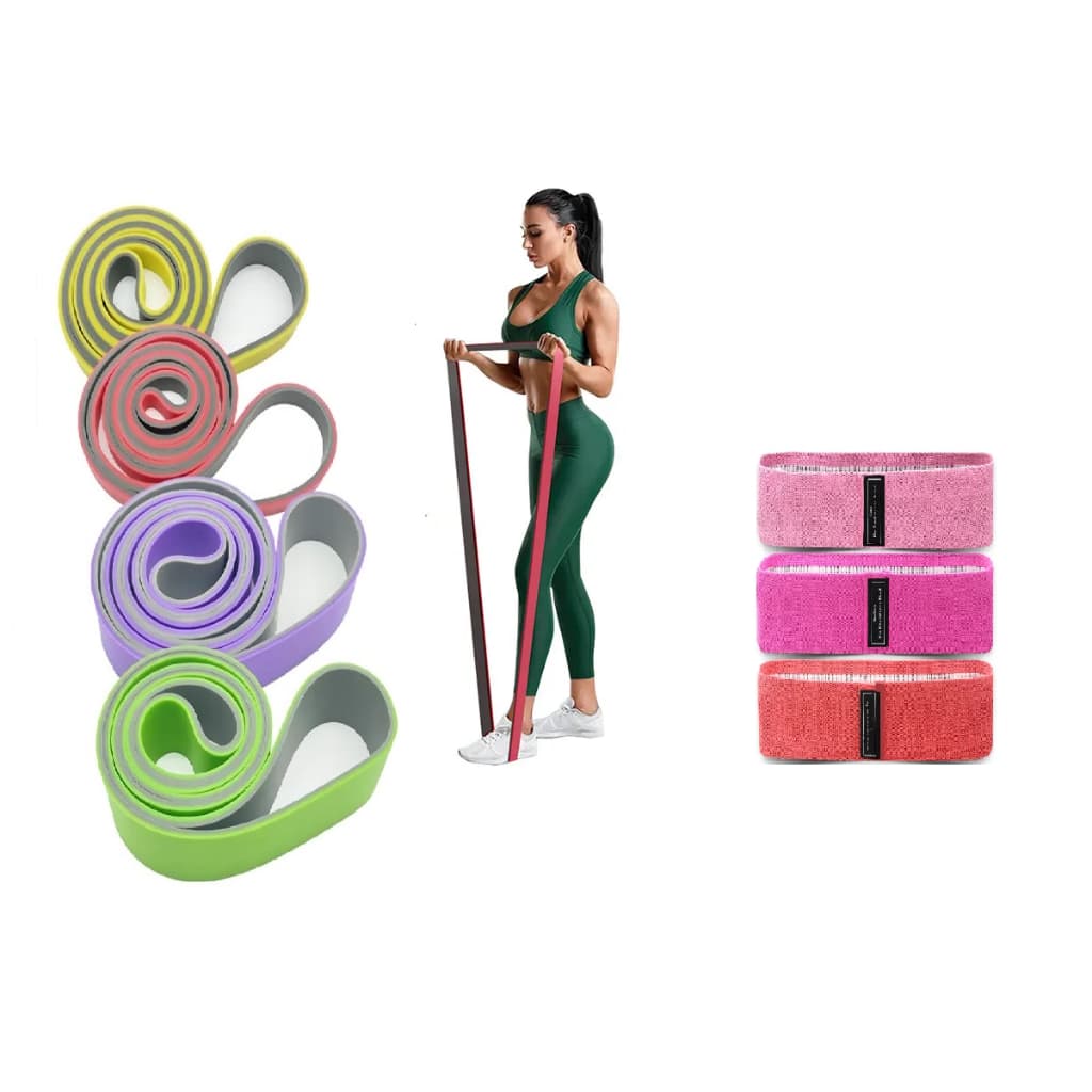 MEGA Kit 4 Super Bands com Alças de Mão e Âncora de Porta + 3 Mini Bands Elástico Extensor