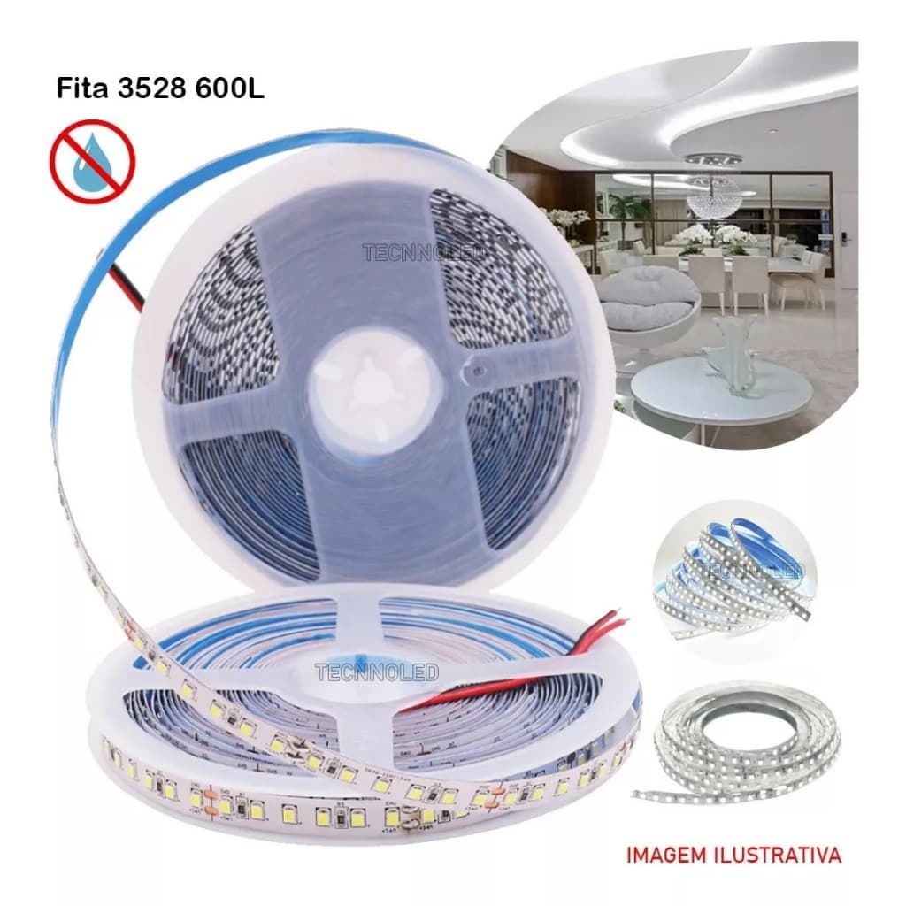 2 Fita Led 3528 Para perfil de Led Rolo 5 metros com 600 Led 48w Branco Frio Ip20 6500k