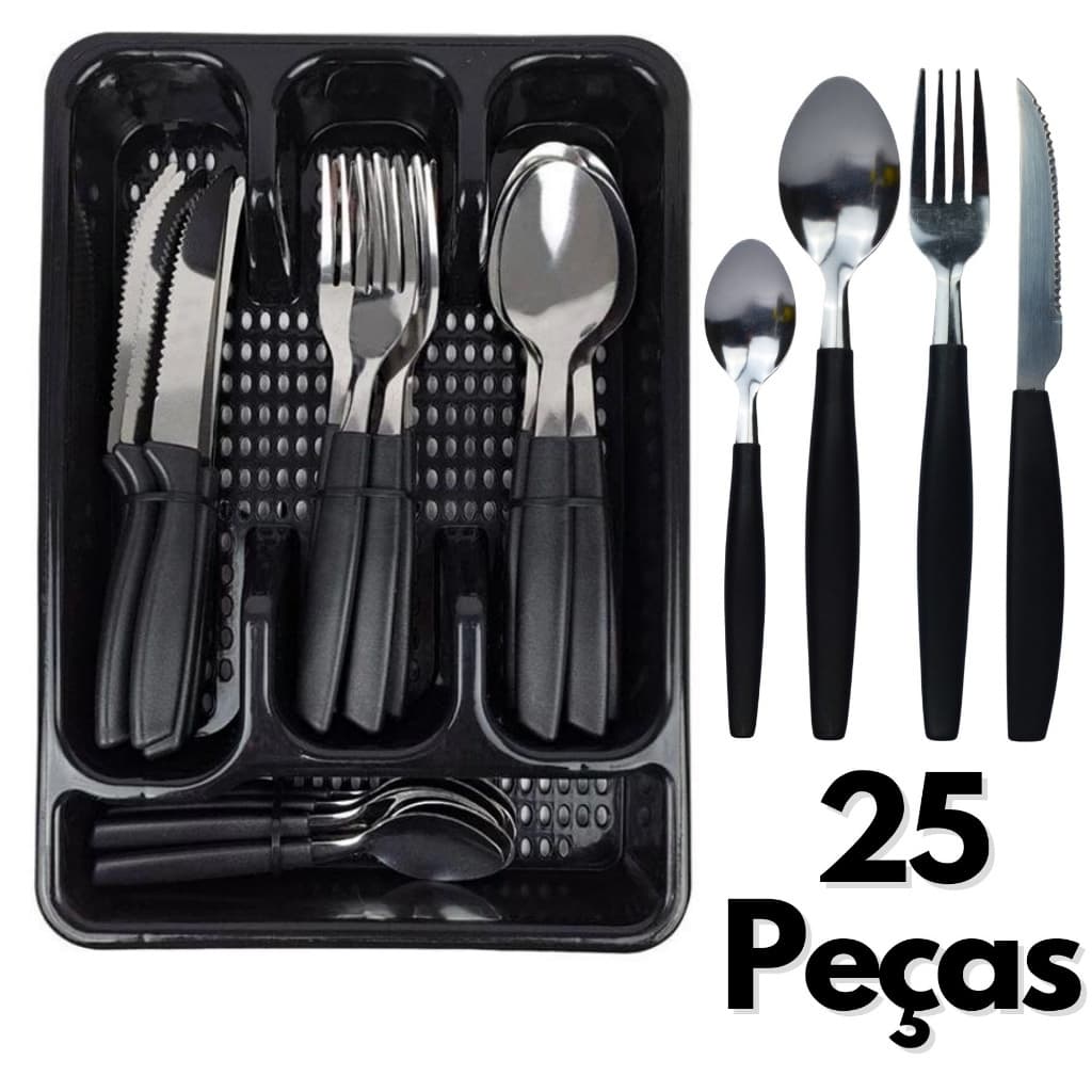Jogo de Talheres Inox + Suporte Gaveteiro com Porta Kit Faca Colher Garfo Faqueiro Conjunto Porta talher para Organizar a Gaveta Cozinha Peças Diversas cores