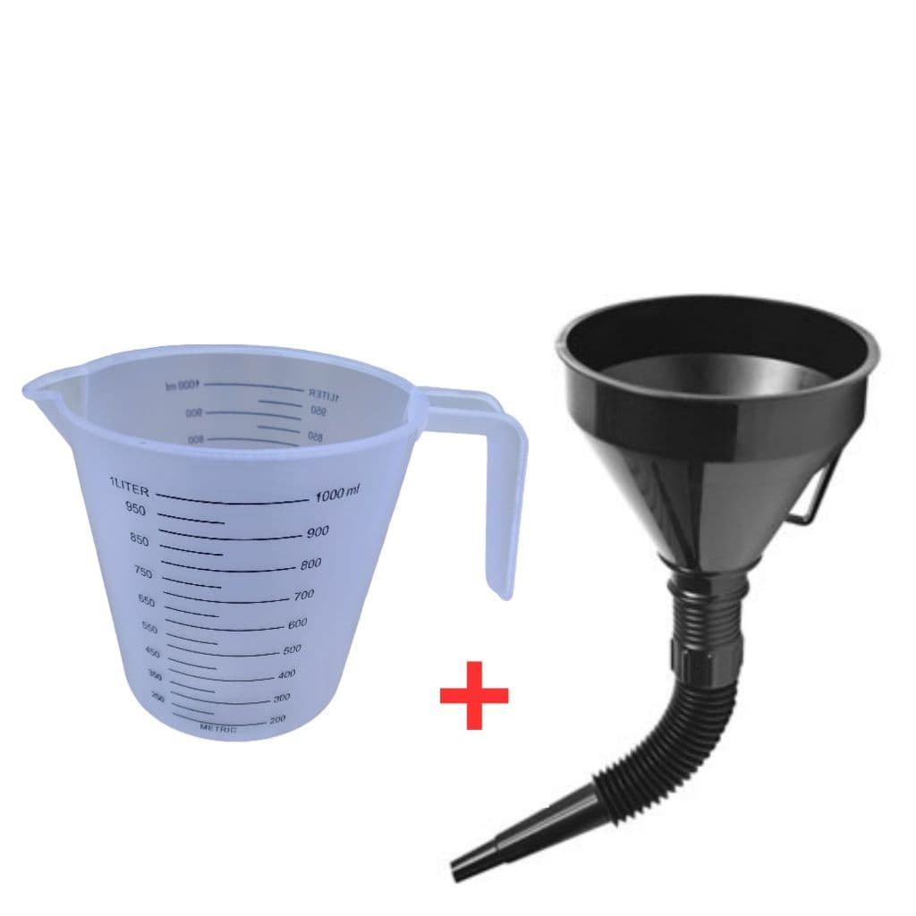 Kit Funil Flexível Sanfonado Plástico P/combustível Óleo Água mais Jarra Medidora Graduada Copo Dosador 1 Litro Com Alça