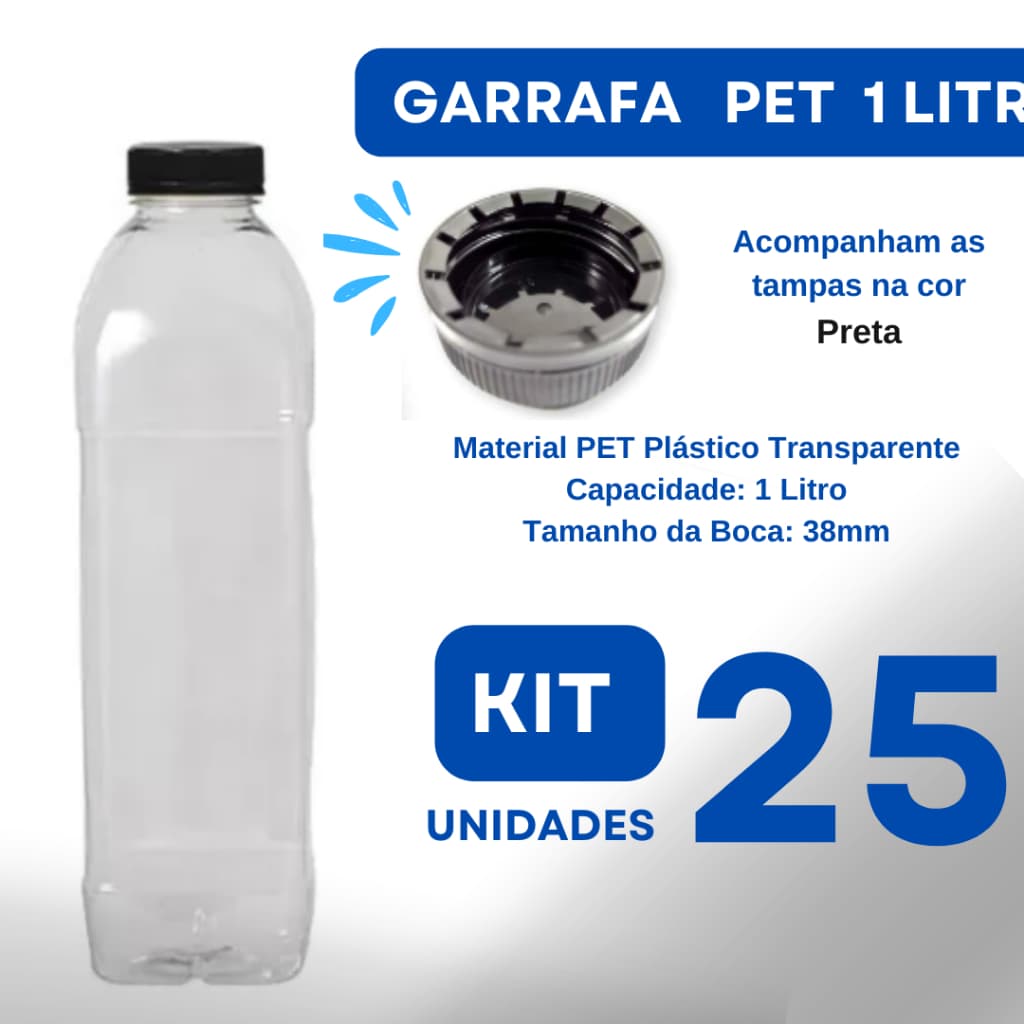 Garrafa Plástica PET 1 Litro c/25 Transparente c/ Tampa/Lacre cor Preta - Para sucos, vitaminas, entre outras bebidas