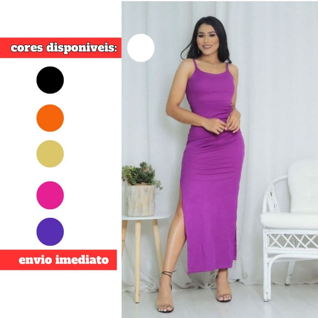 Vestido Midi Longo Canelado Costa aberta com fenda lateral Ribana
