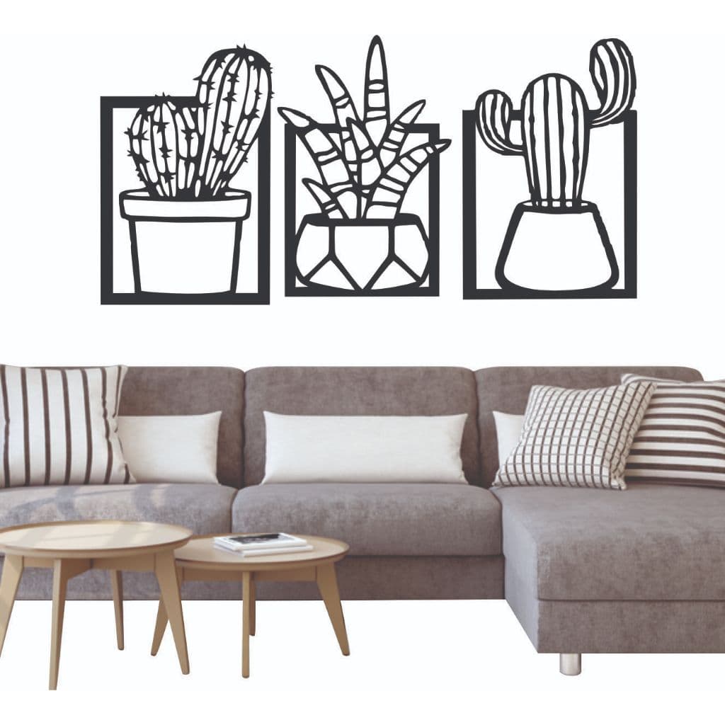 KIT 3 Quadros Decorativos Floral Cactos MDF Preto Fosco Flores do Deserto