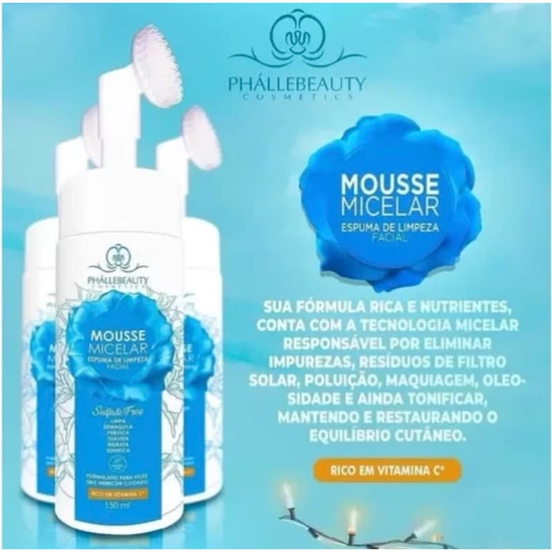 Mousse Micelar Phallebeauty / Espuma de Limpeza Facial Profunda, rico em Vitamina C. Embalagem com 150ml