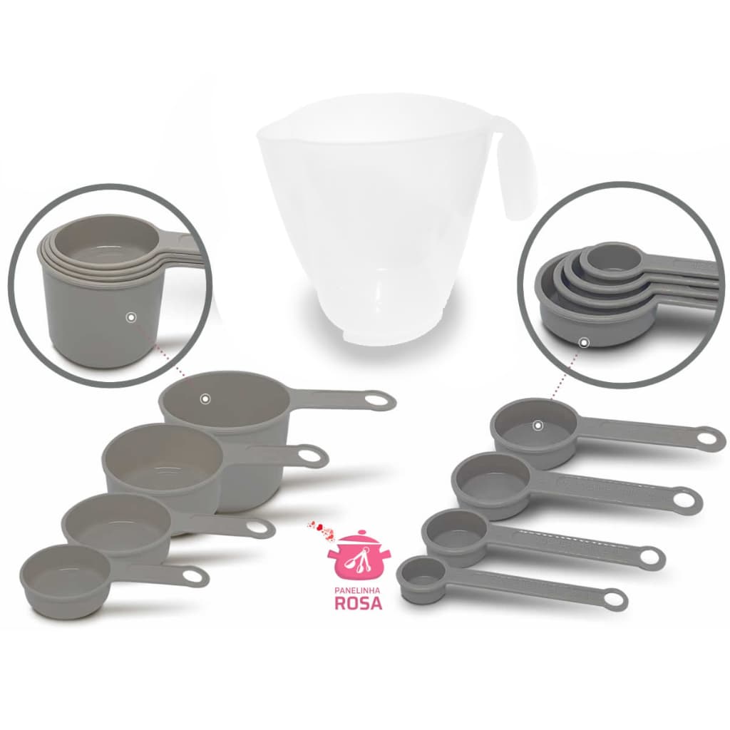 Kit's Medidas 9 Peças Com Jarra Delta, Xicara e Colher Cappuccino (Cinza). Resistentes ao Calor Feito de Polipropileno.