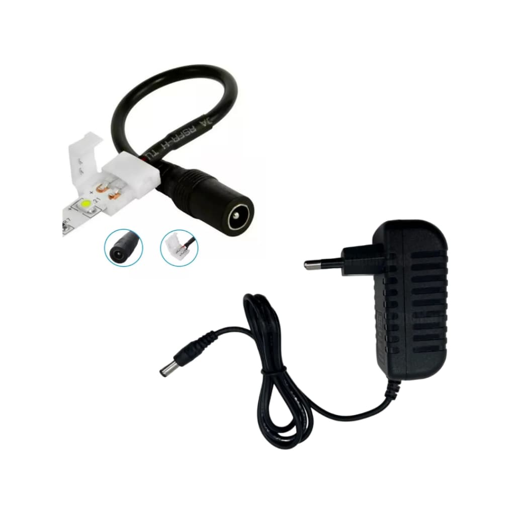 Cabo Conector Plug P4 com Emenda Fita LED 2 Vias 5050, 3528, 2835  + Fonte 12V 2A Bivolt