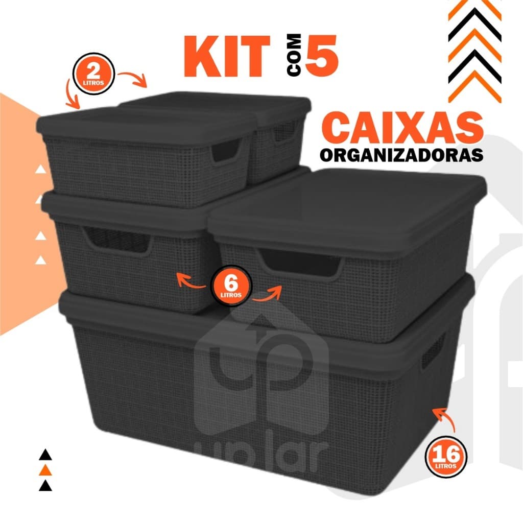 Kit 5 Caixas Organizadoras Jutta Preto Cesto Organizador Gavetas Guarda-Roupas Armario Brinquedos