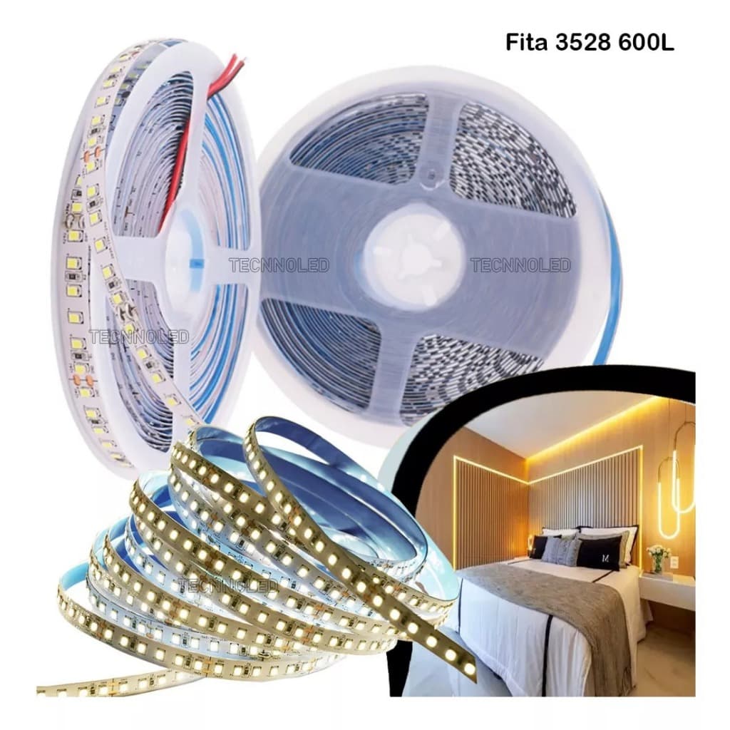5 Fita Led 3528 Para perfil de Led Rolo 5 metros com 600 Led 48w Branco Quente Ip20 3500k