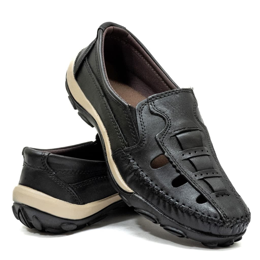 Sapatilha Mocassim Masculino Em Couro: Conforto Anti-estress - Preto - 2050
