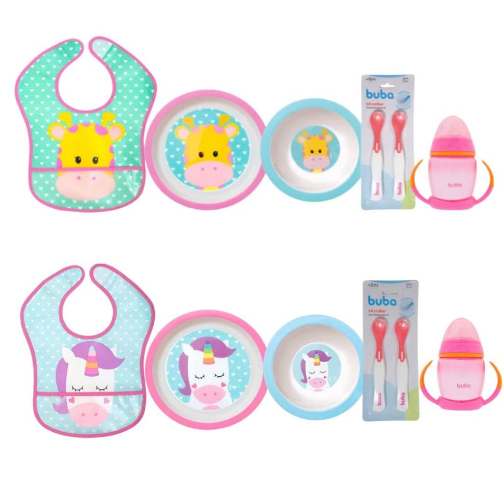 Kit Introdução Alimentar Buba com Prato Raso, Prato Fundo, Babador Impermeável, Colher Copo Treinamento Bico de Silicone