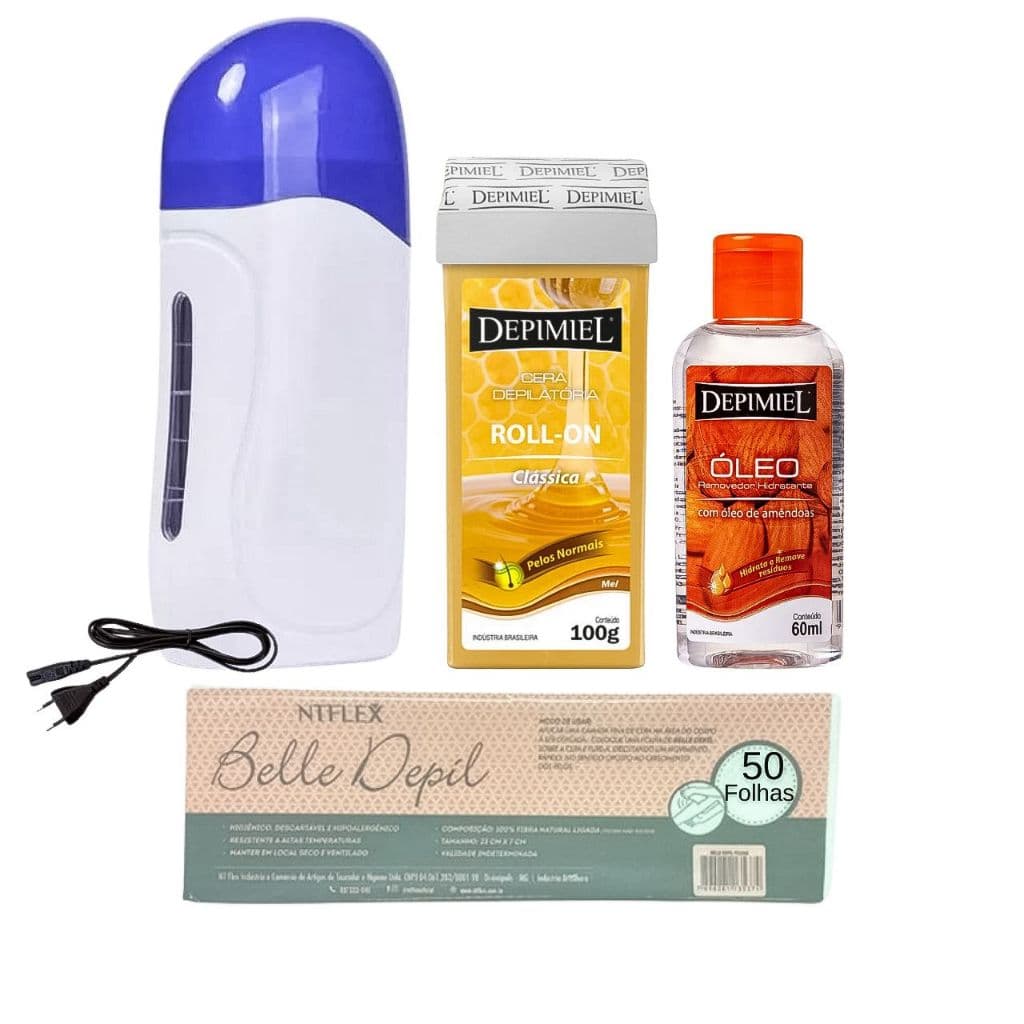Cera Quente Depimiel 100g + Aquecedor Roll On + Óleo Removedor Folhas Tnt Depilaçao N 17